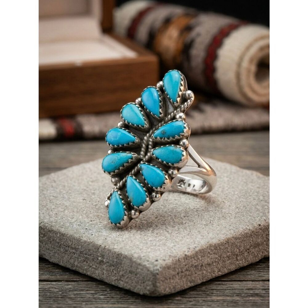 Kingman Turquoise 925 Sterling Silver Ring Statement Southwestern Cluster Size 7